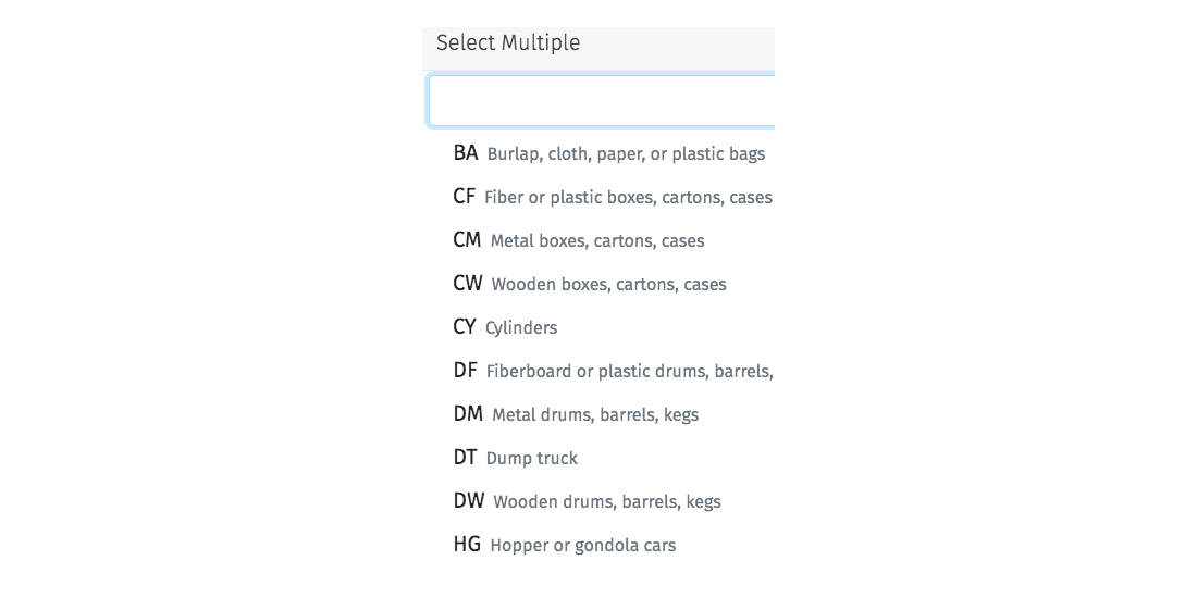 waste container type drop down menu
