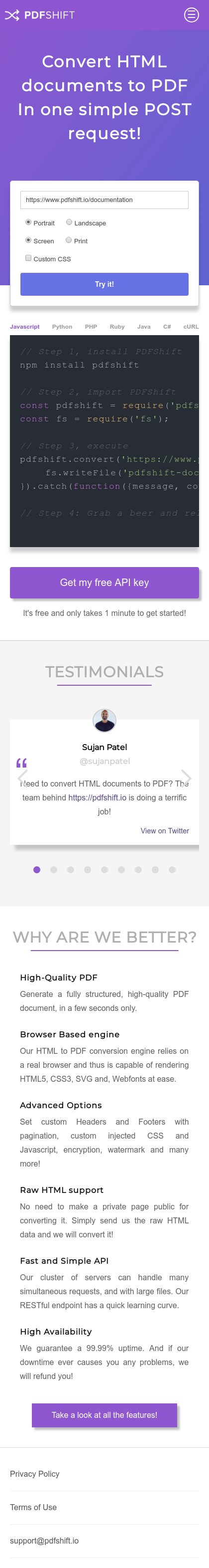 Example of Design for Computers & Electronics, Programming, Mobile Landing Page by pdfshift.io | Mobile Landing Page Design