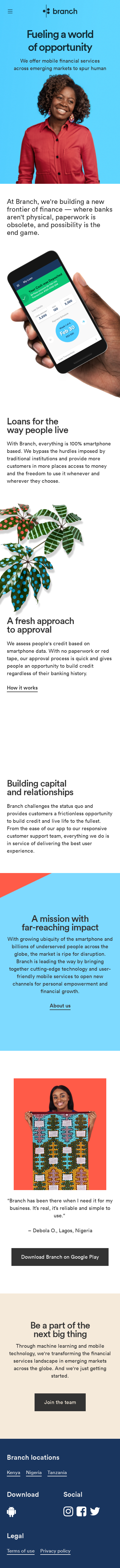 Example of Design for Finance, Banking, Mobile Landing Page by branch.co | Mobile Landing Page Design