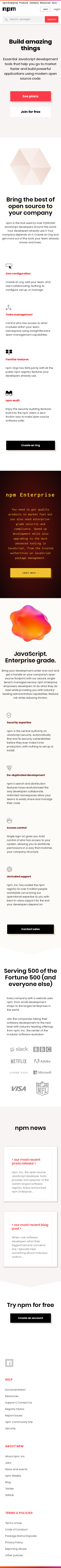 Example of Design for Science, Computer Science, Mobile Landing Page by npmjs.com | Mobile Landing Page Design