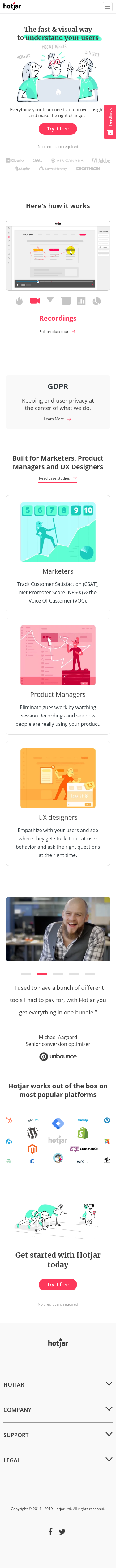 Example of Design for Internet & Telecom, Web Services, Mobile Landing Page by hotjar.com | Mobile Landing Page Design