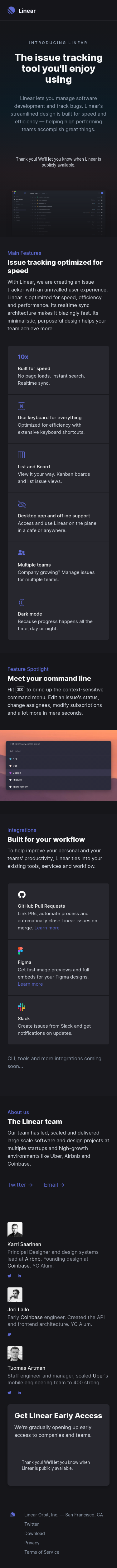 Example of Design for Computers & Electronics, Software, Mobile Landing Page by linear.app | Mobile Landing Page Design