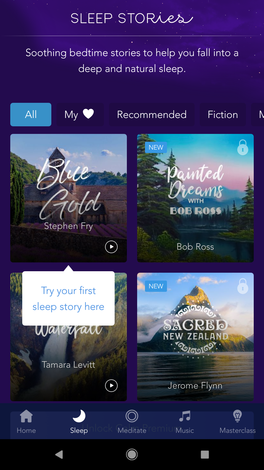 Example of App Design for Android with the following features: typographic, explore, tab bar, coach mark, segmented control, empty state. App by Calm (Android)