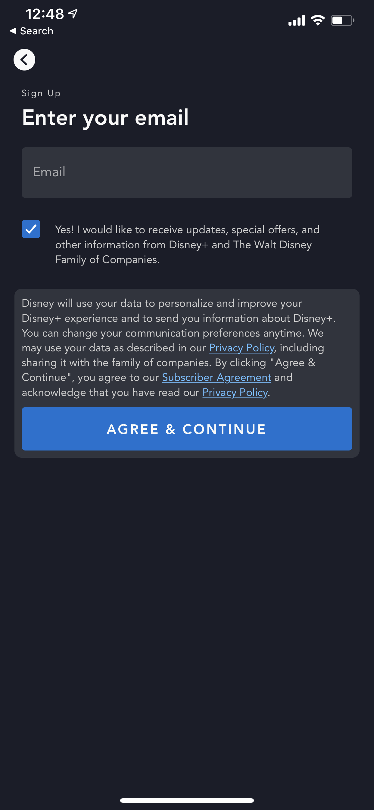 Example of App Design for iOS with the following features: signup ~ login, text button, text input, checkbox, icon button. App by DisneyPlus (iPhone X)