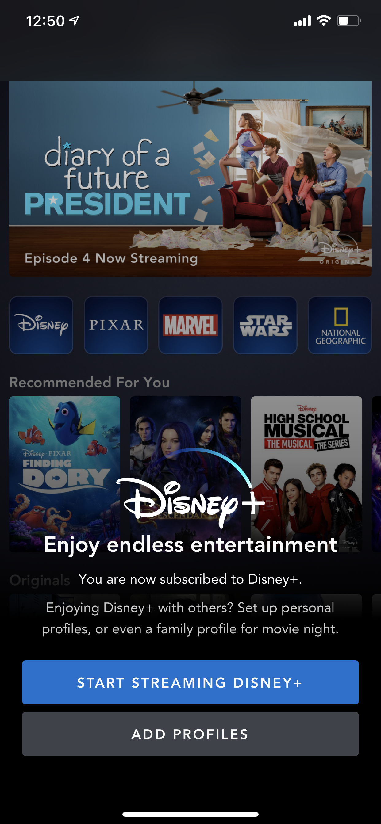 Example of App Design for iOS with the following features: interstitial ~ splash, text button, background image. App by DisneyPlus (iPhone X)
