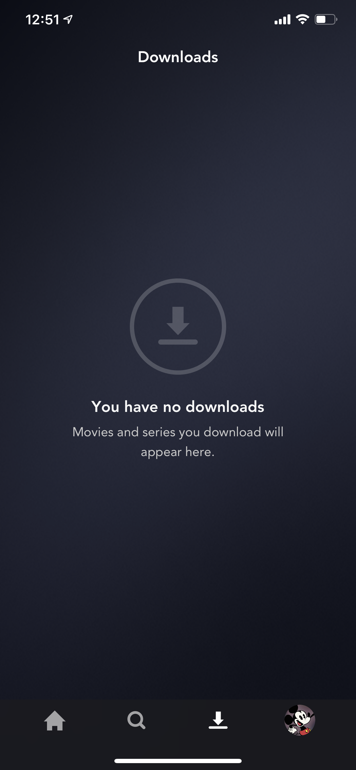 Example of App Design for iOS with the following features: minimal, tab bar, empty state. App by DisneyPlus (iPhone X)