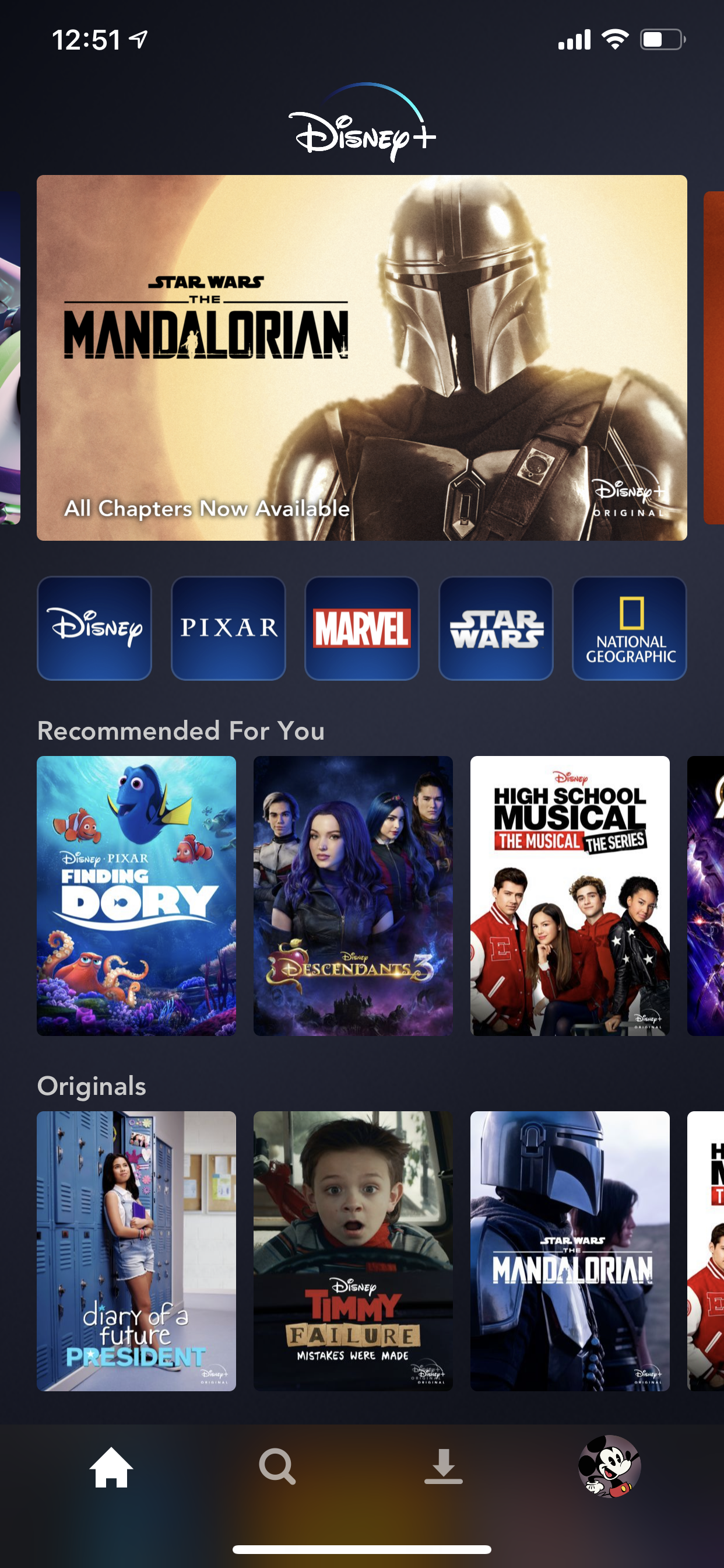 Example of App Design for iOS with the following features: grid, home, tab bar, gallery , card. App by DisneyPlus (iPhone X)