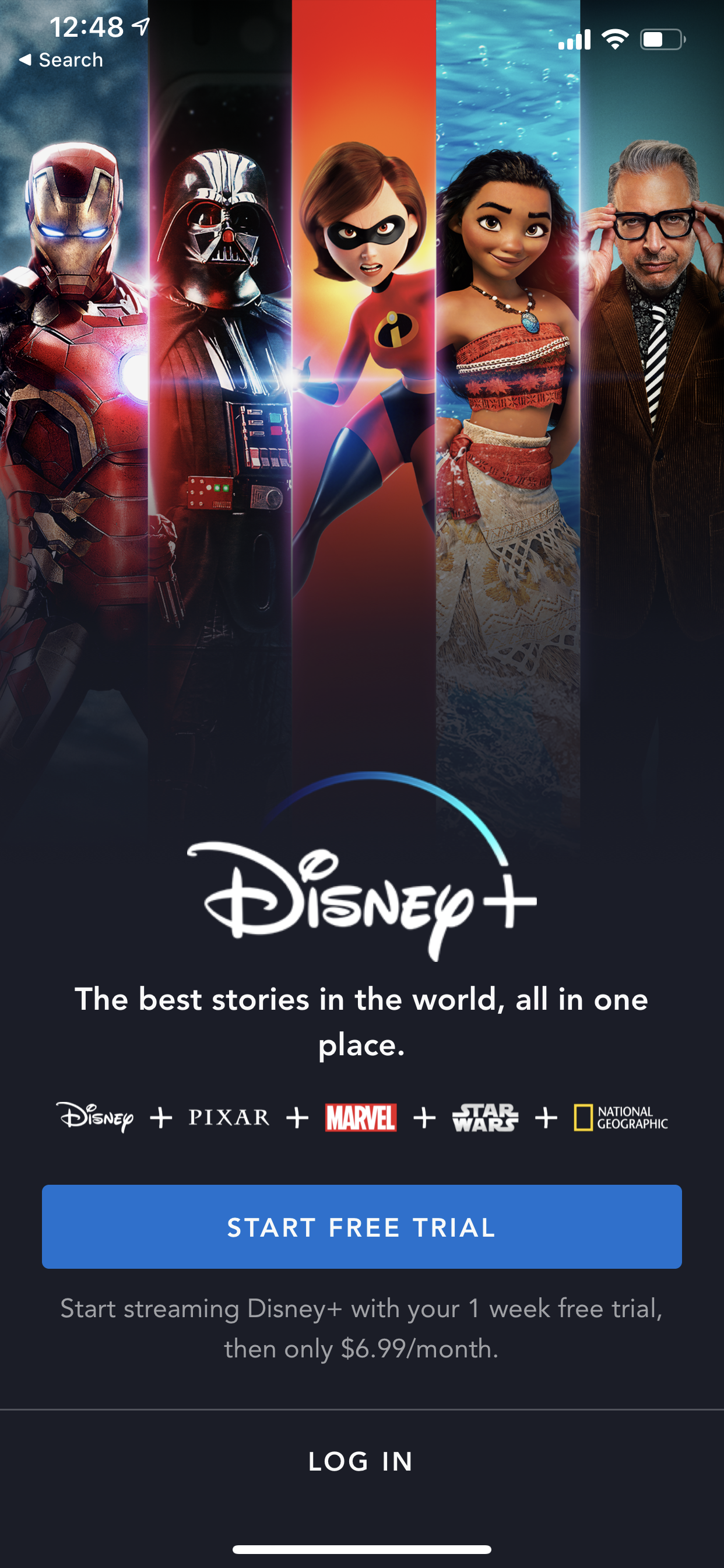 Example of App Design for iOS with the following features: onboarding, signup ~ login, upgrade, text button, background image. App by DisneyPlus (iPhone X)