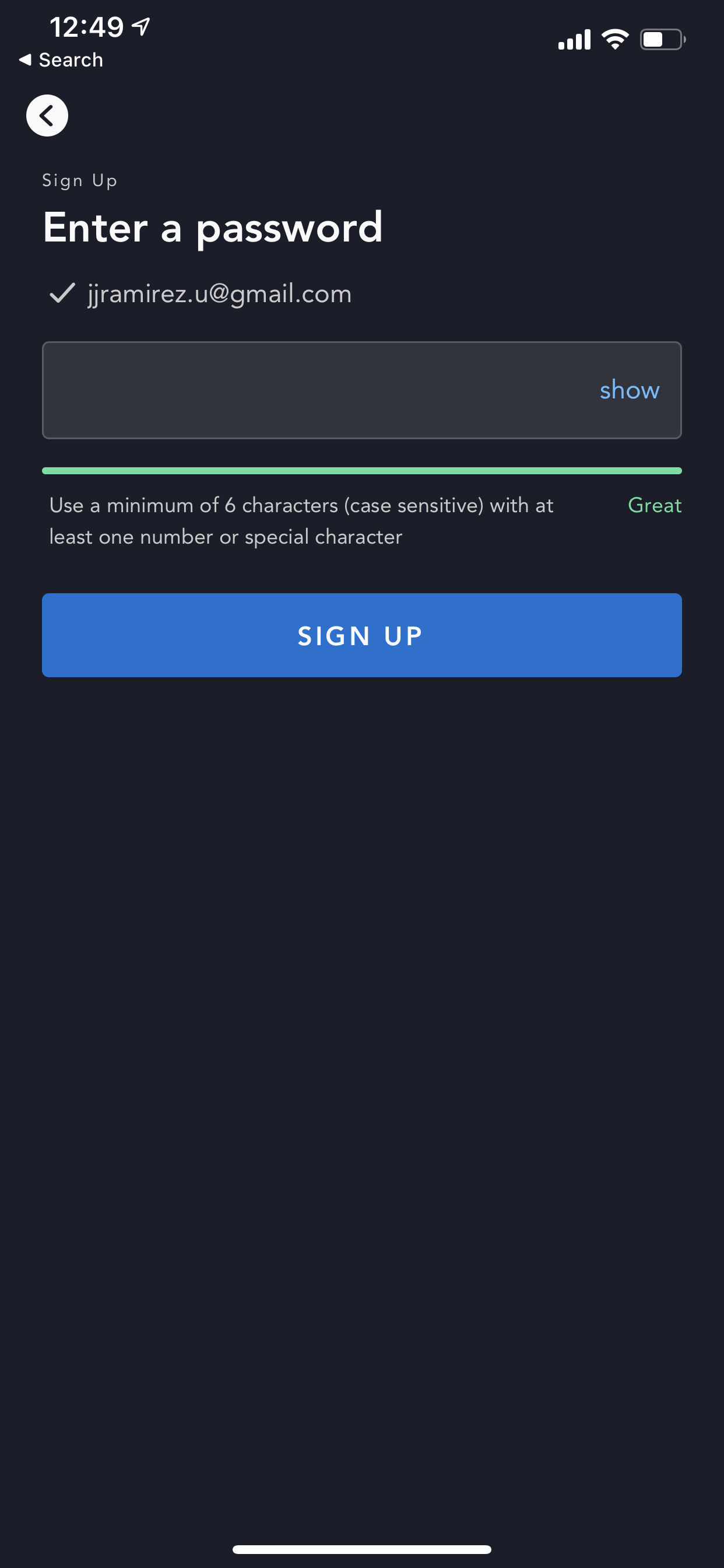 Example of App Design for iOS with the following features: signup ~ login, text button, text input, icon button. App by DisneyPlus (iPhone X)