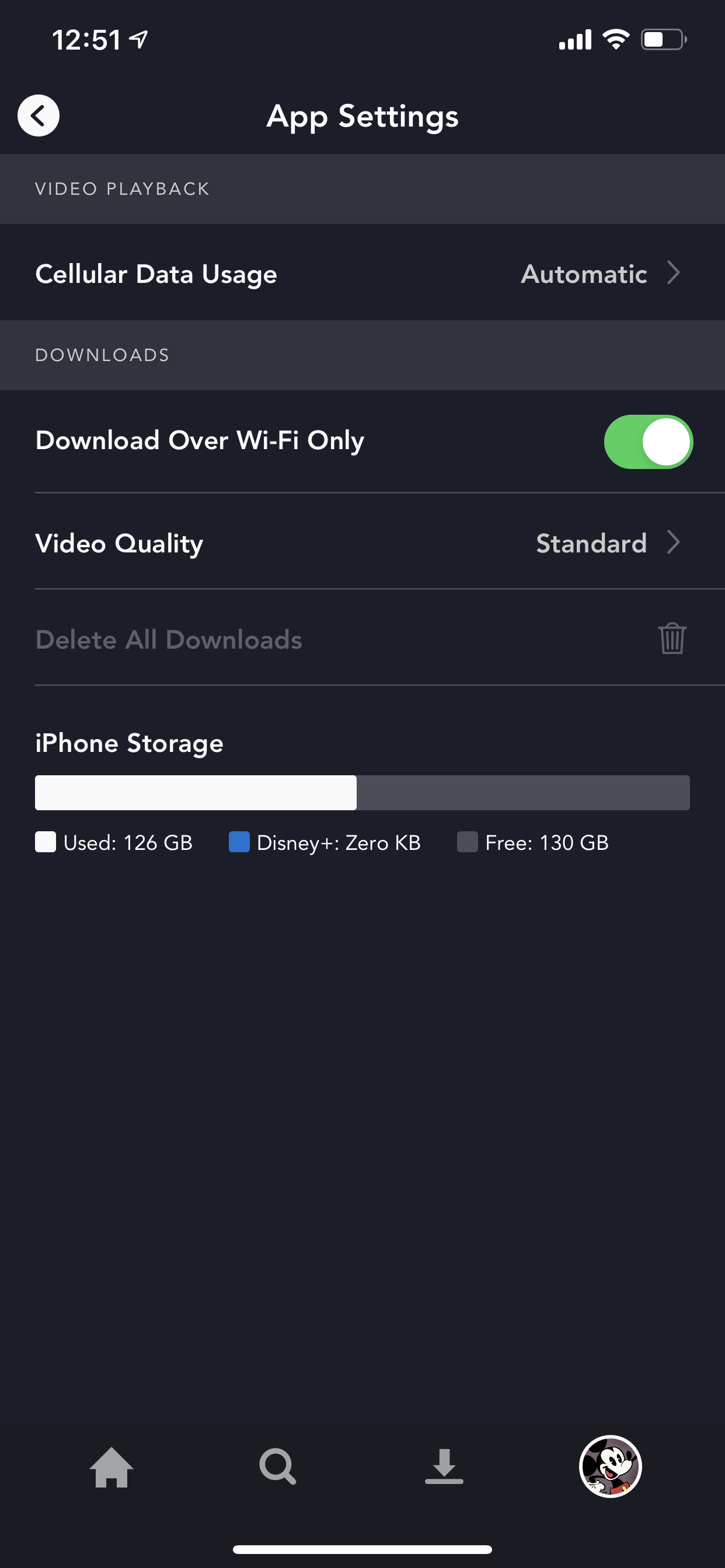 Example of App Design for iOS with the following features: list, account ~ settings, tab bar, switch toggle, cell, progress bar, icon button. App by DisneyPlus (iPhone X)