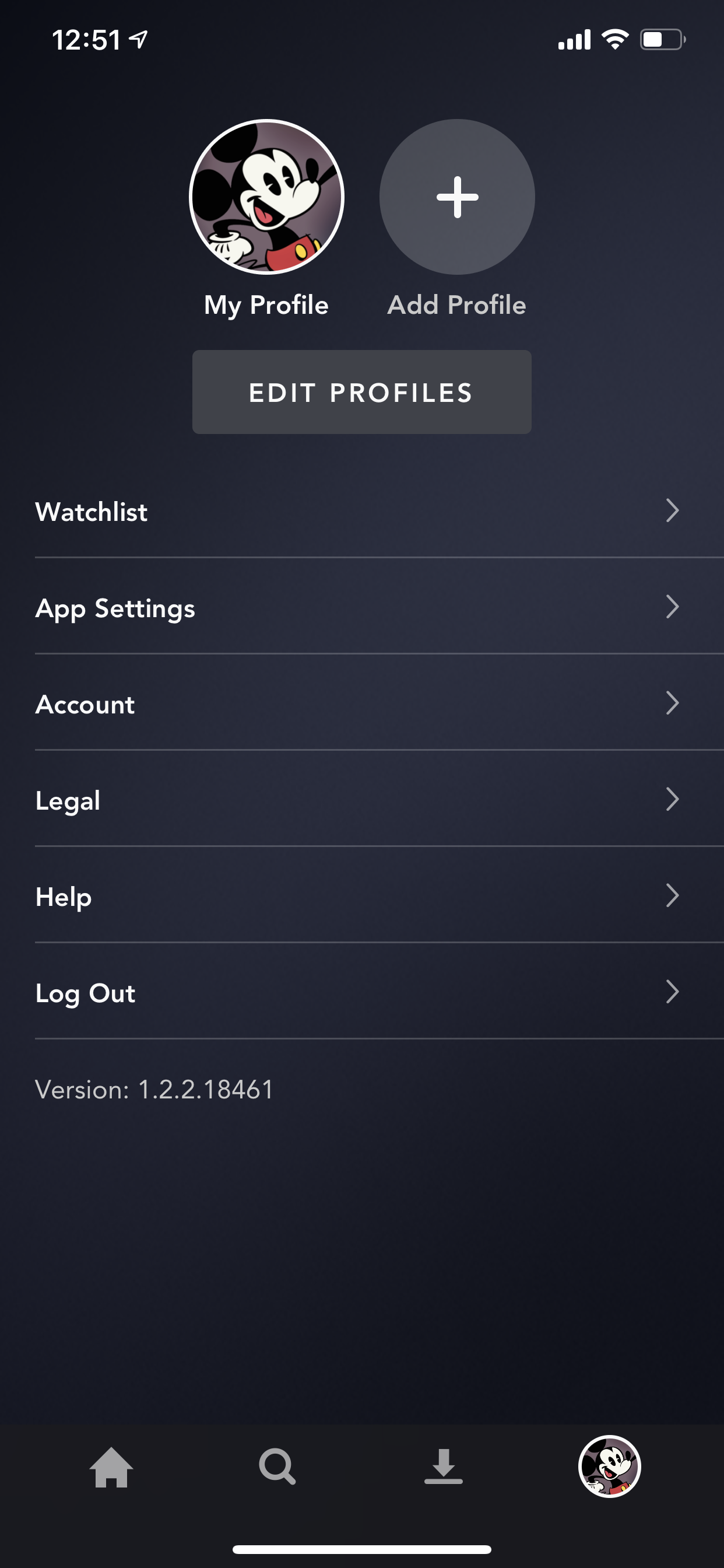 Example of App Design for iOS with the following features: list, account ~ settings, tab bar, text button, table, cell, icon button. App by DisneyPlus (iPhone X)
