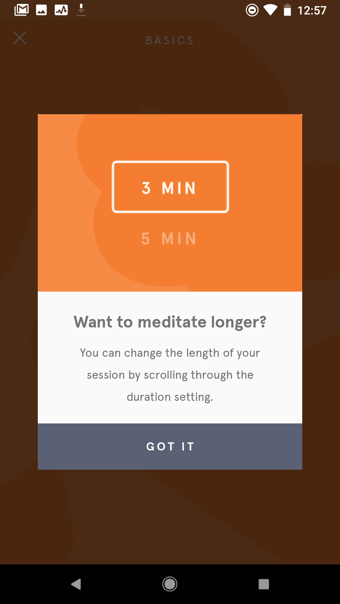 Example of App Design for Android with the following features: content (text dominant), navigation ~ menu, dialogue, text button, background image. App by Headspace (Android)