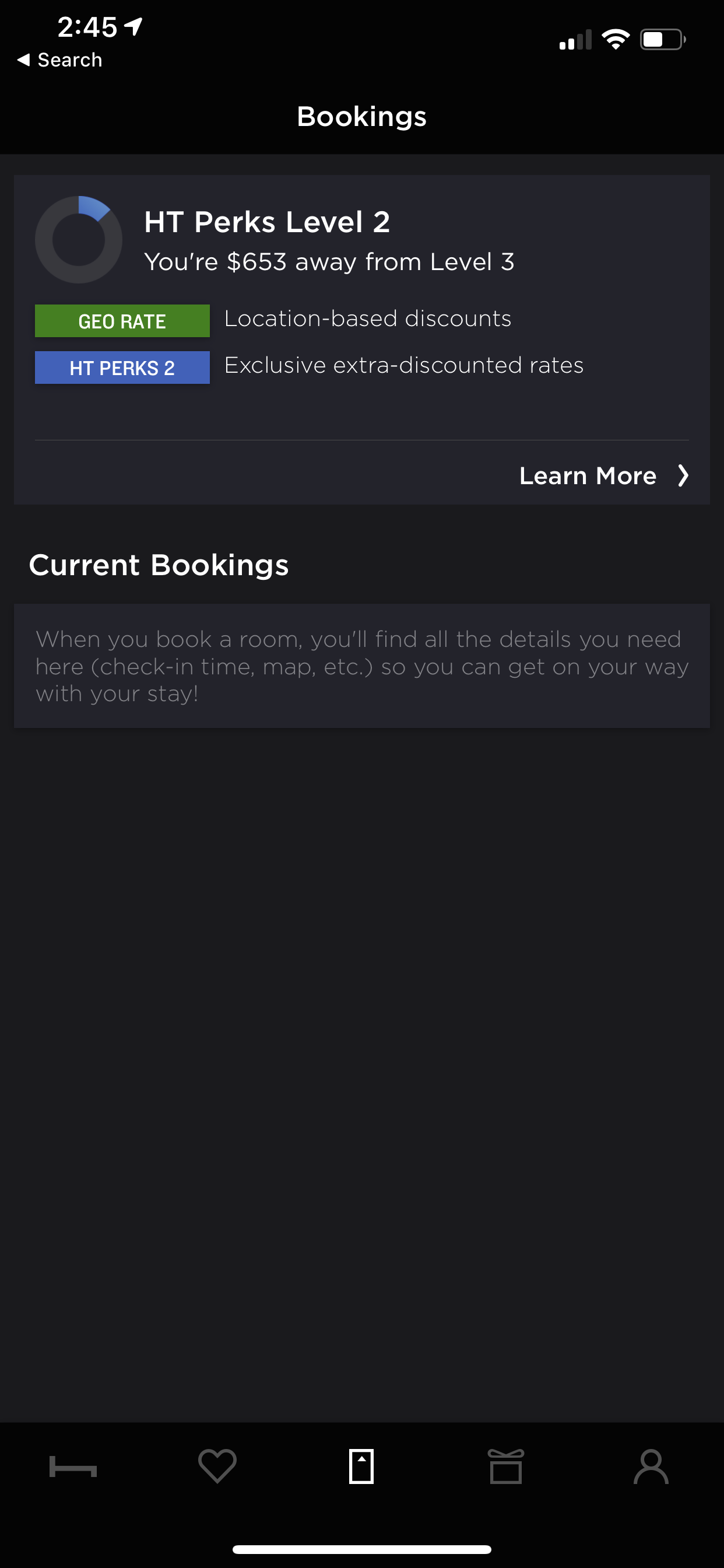 Example of App Design for iOS with the following features: navigation ~ menu, detail, tab bar, chart ~ graph, banner, card, empty state. App by HotelTonight (iPhone X)