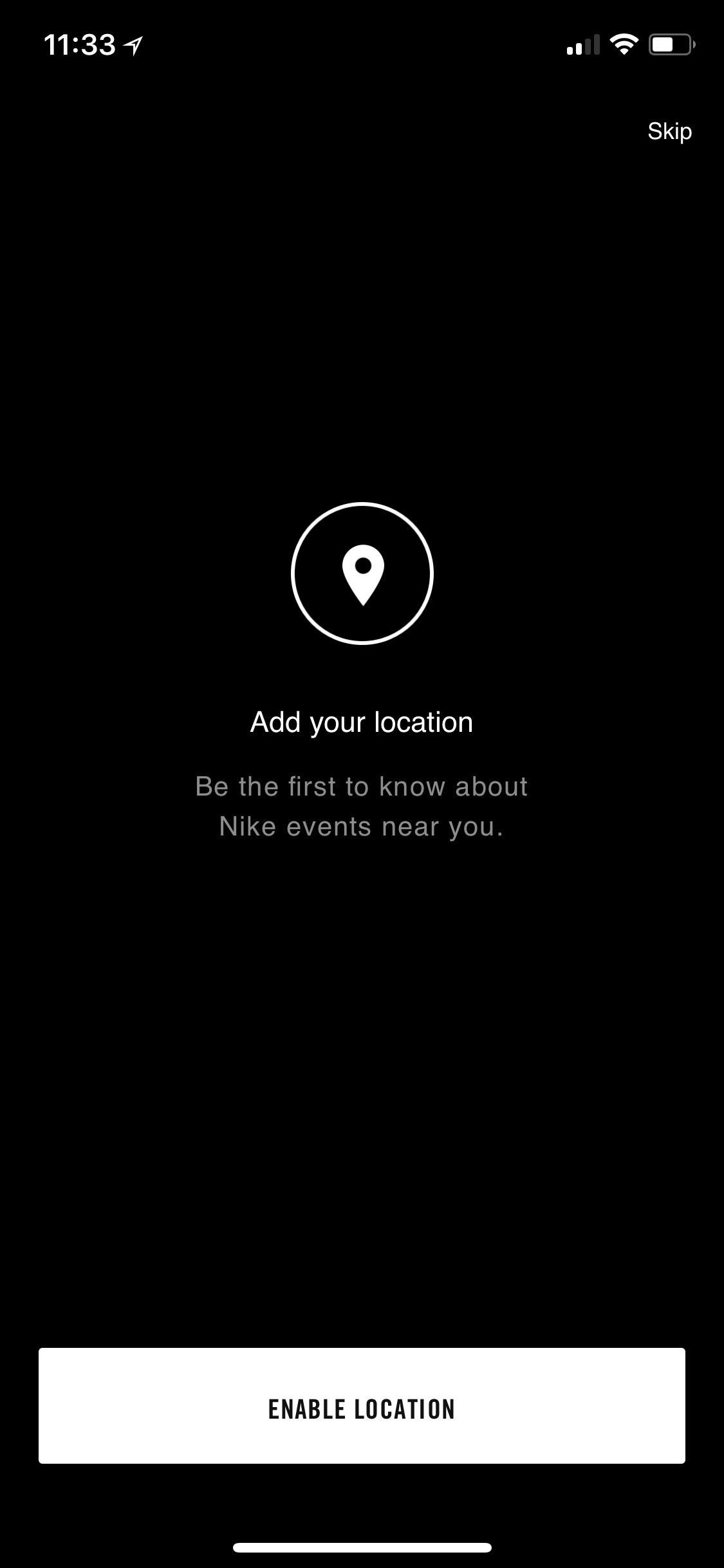 Example of App Design for iOS with the following features: minimal, permissions, text button, graphic decoration. App by Nike (iPhone X)