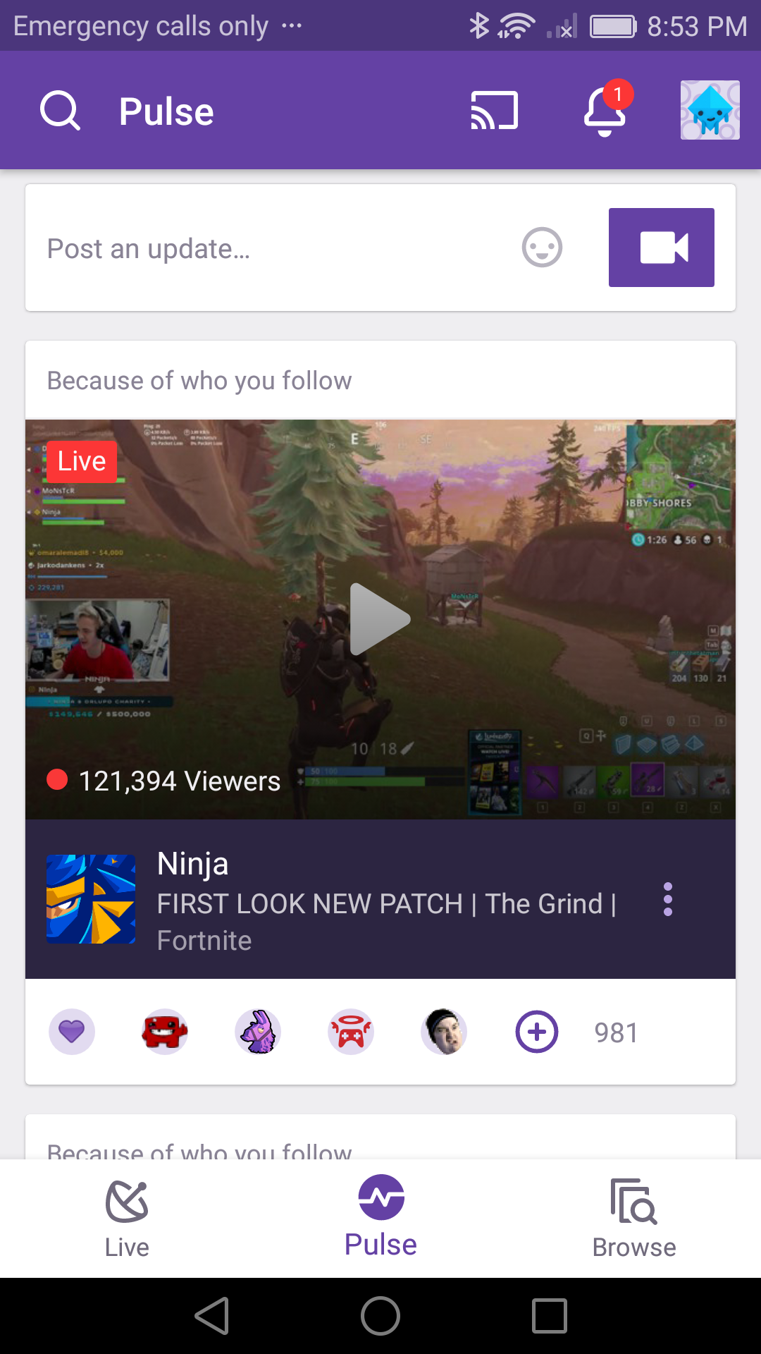 Example of App Design for Android with the following features: content (image dominant), feed, tab bar, text input, emoji, card, icon button. App by Twitch (Android)