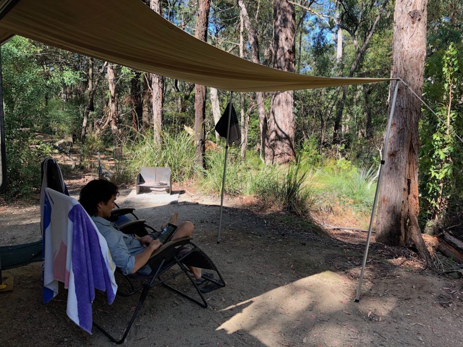 Writing under an awning in the outback.