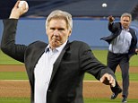 Hollywood legend and 42 star Harrison Ford hurtled the ceremonial first pitch at Dodger Stadium on Monday as part of the Jackie Robinson Day celebration