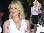 A style homerun! Katherine Heigl shows off her curves in figure-hugging pencil skirt and ruffled blouse for a ladies' lunch 