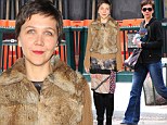 From drab... to drab: Maggie Gyllenhaal steps out in low-key casual attire and then changes into bizarre faux fur getup for red carpet event 