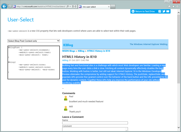 Screen shot of the user-select Test Drive demo showing one possible markup pattern of -ms-user-select.