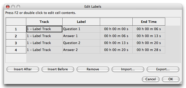 Edit Labels dialog box with tabular view of labels (Mac image)
