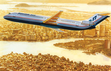 Boeing’s 150-seat 7J7 concept (left) would meld prop-fan technology and lightweight composite structure to deliver big gains in fuel efficiency.