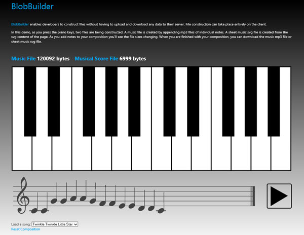 Screen shot of the BlobBuilder piano-playing Test Drive demo.