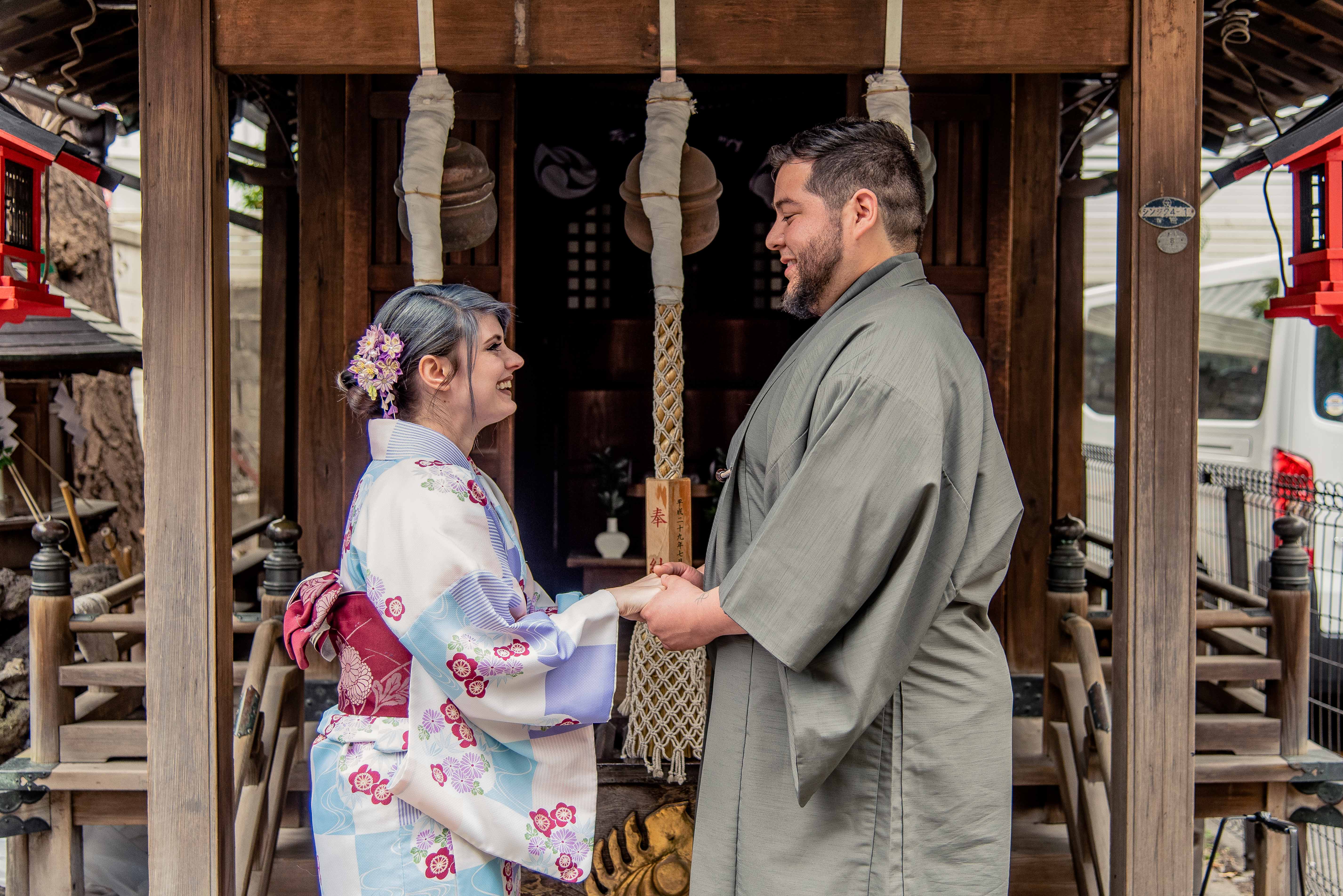 Kimono Couple in front of Shinto Shrine