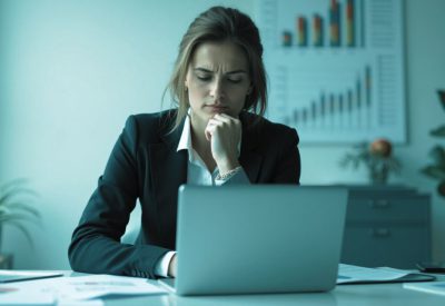 Líder empresarial preocupado revisando finanzas con monedas flotando, representando la decisión entre crecer o hundirse financieramente.
