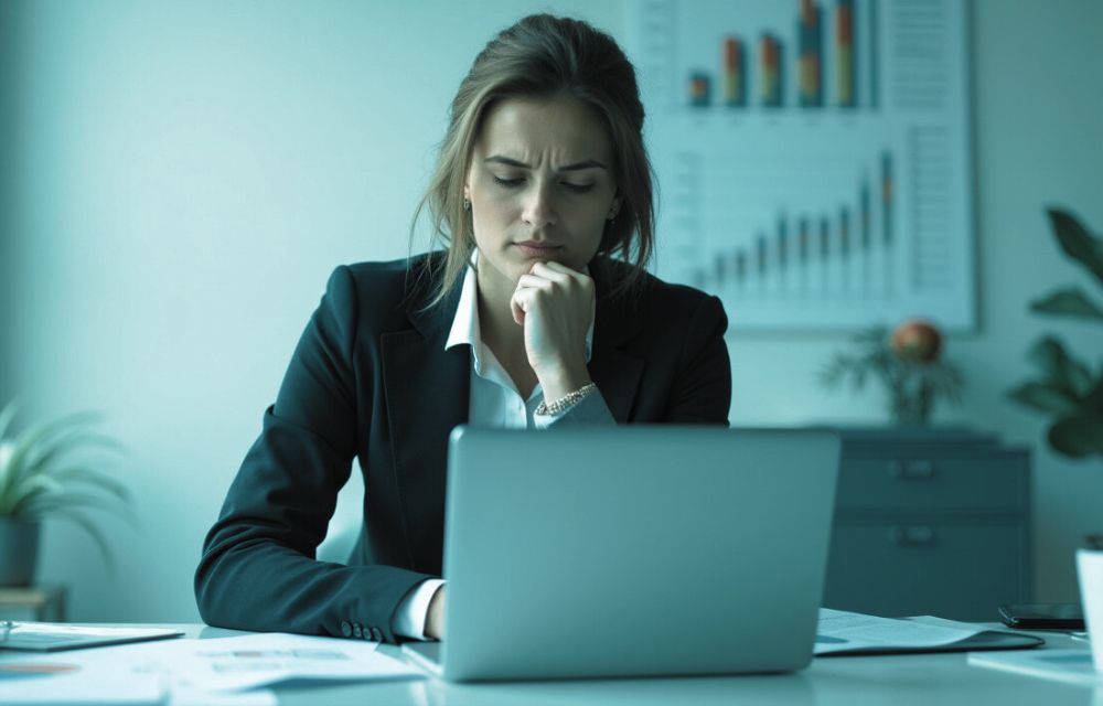 Líder empresarial preocupado revisando finanzas con monedas flotando, representando la decisión entre crecer o hundirse financieramente.