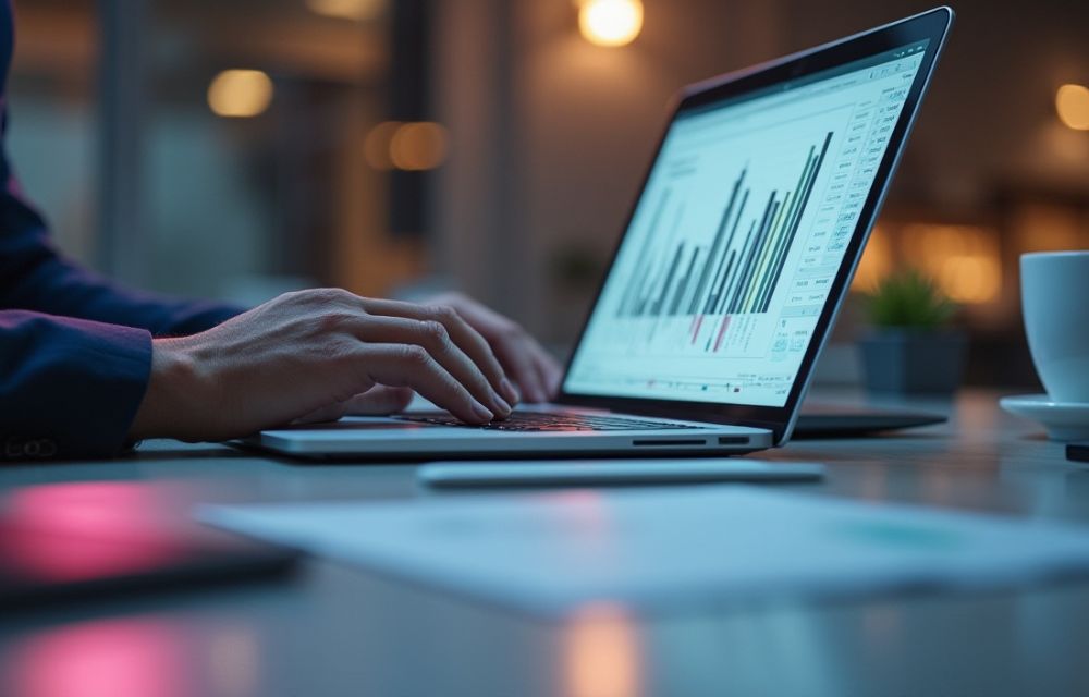 Emprendedor analizando flujo de efectivo en laptop con gráficas de crecimiento y caída en la oficina.