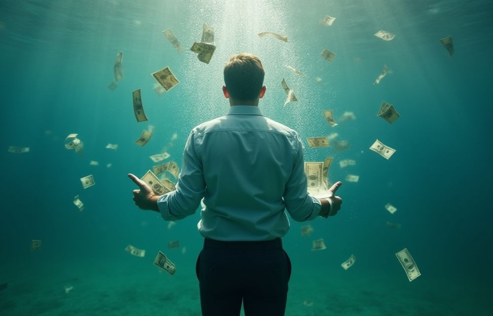 Gerente hundiéndose bajo el agua con documentos y dinero, simbolizando el ahogo por mala gestión financiera.