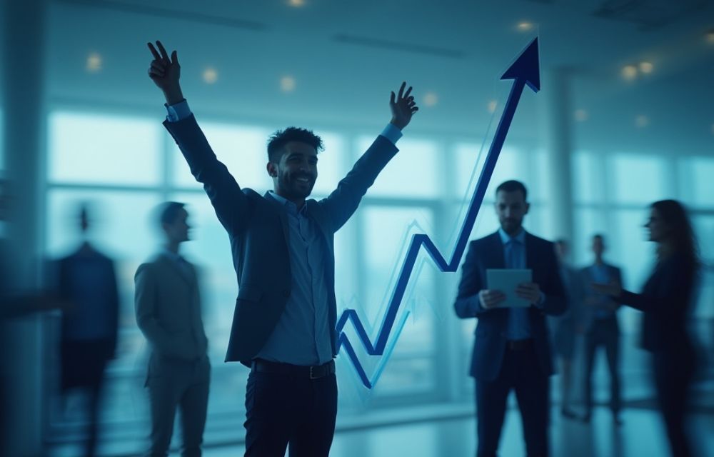 Dueño de negocio celebrando crecimiento con gráfica ascendente gracias a la reinversión del dinero.