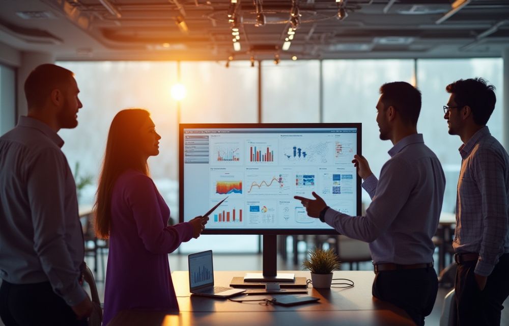 Equipo empresarial analizando dashboard de ERP con datos en tiempo real.
