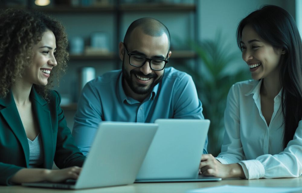 Equipo de trabajo colaborando en un ambiente positivo gracias al uso de ERP.