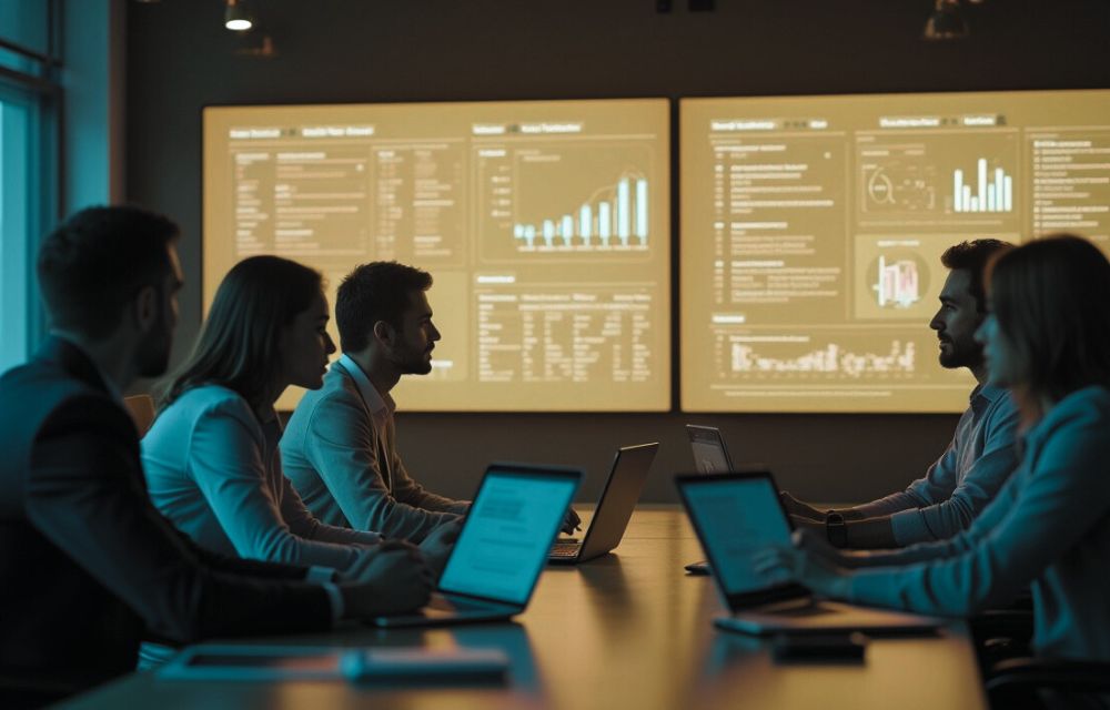 Equipo de trabajo analizando dashboards en tiempo real en un ERP para tomar decisiones empresariales.