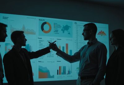 Gerente de pyme analizando un dashboard ERP con KPIs financieros y de ventas en tiempo real en una pantalla moderna