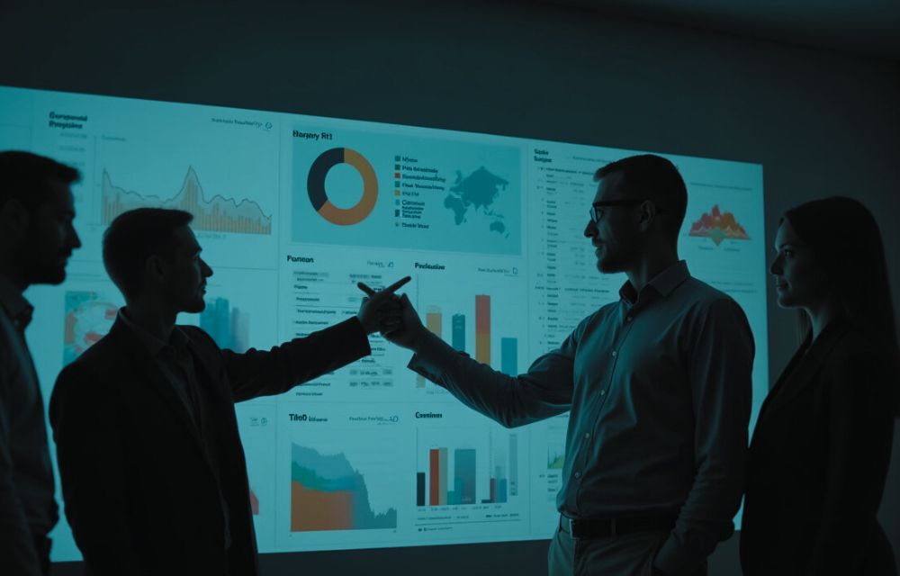 Gerente de pyme analizando un dashboard ERP con KPIs financieros y de ventas en tiempo real en una pantalla moderna