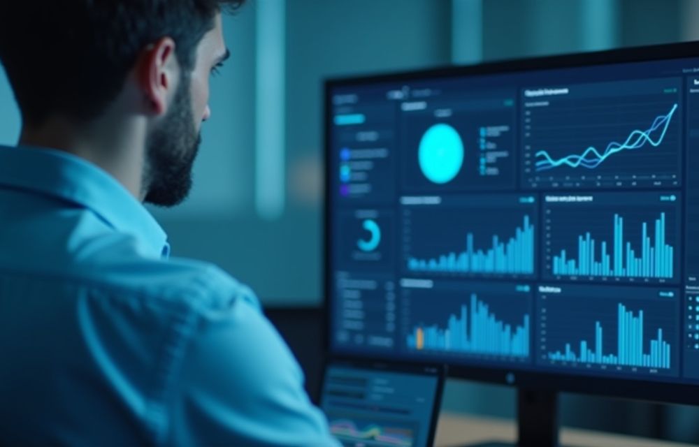 Ejecutivo revisando un dashboard ERP con gráficos de flujo de caja, ingresos y egresos en pantalla digital