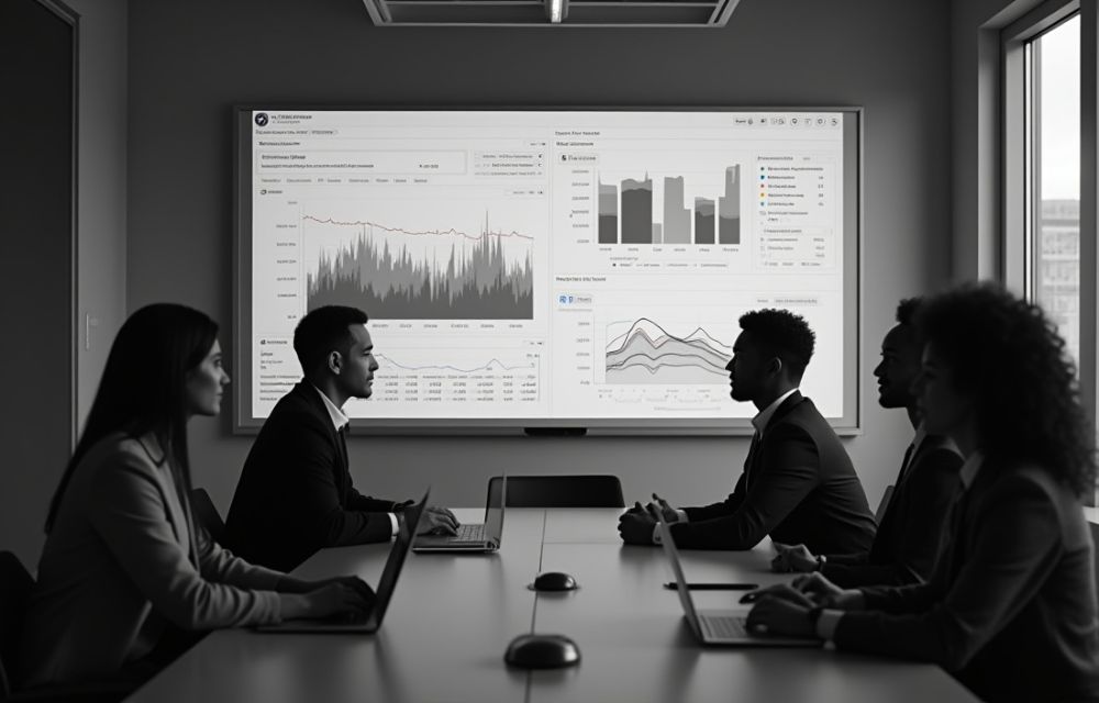 Equipo de ventas observando un dashboard ERP con indicadores de ticket promedio, oportunidades abiertas y retención de clientes