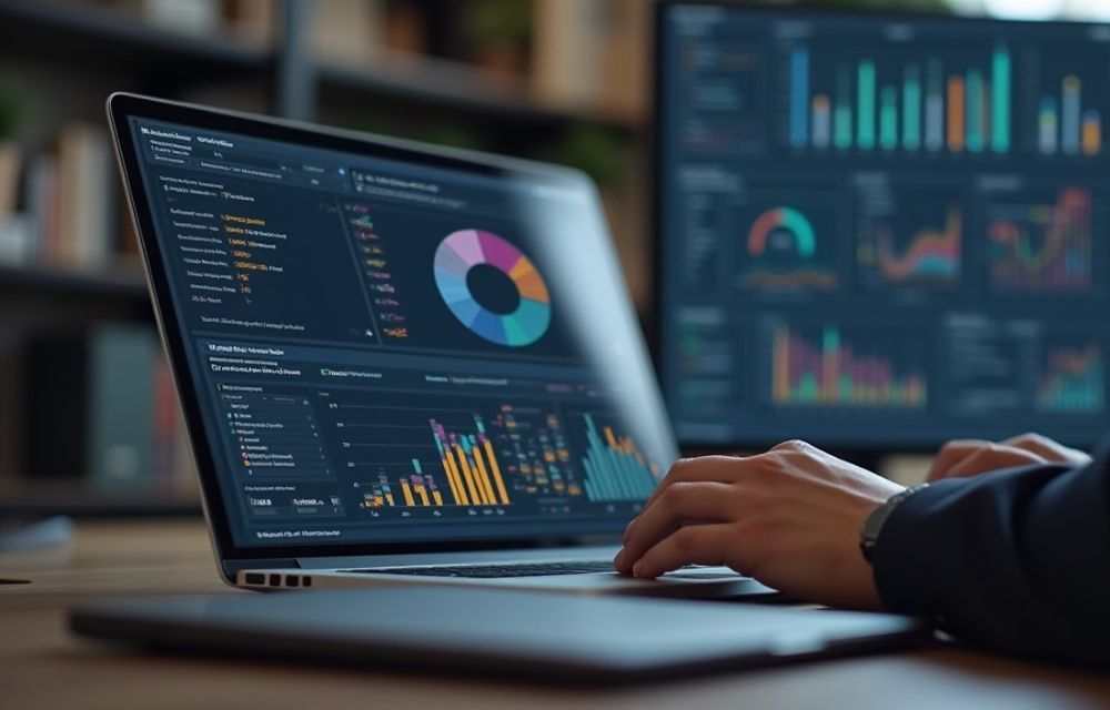 Gerente de operaciones revisando un dashboard ERP con gráficos de inventario en tiempo real, rotación de productos y órdenes completadas