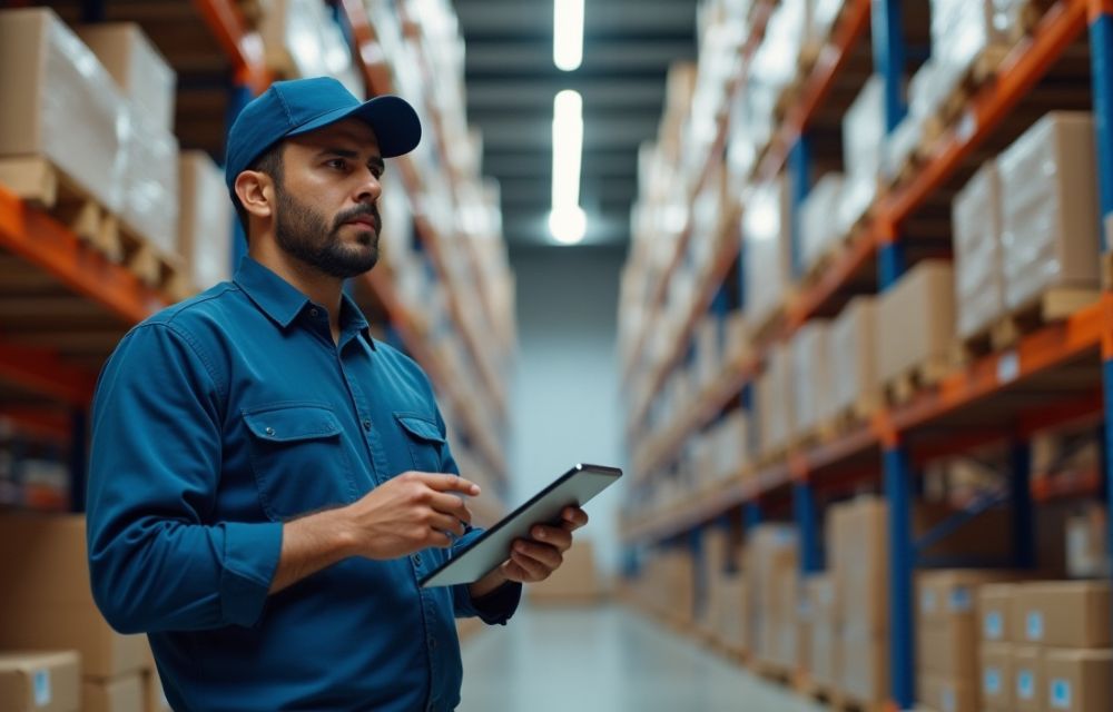 Trabajador de almacén revisando alerta ERP de inventario bajo en tableta.