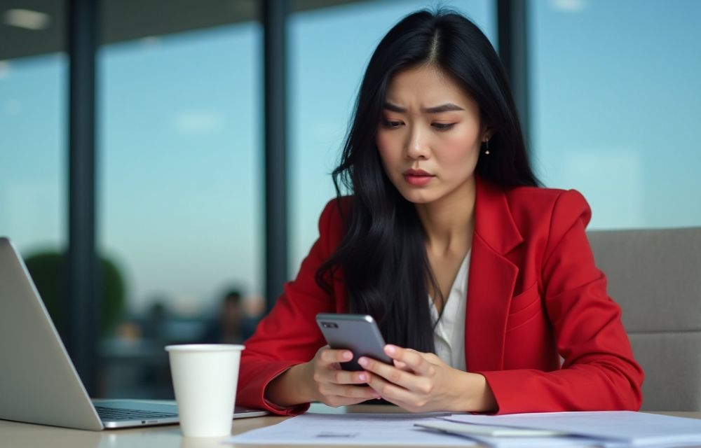 Mujer de negocios revisando alerta ERP de pago vencido en smartphone.