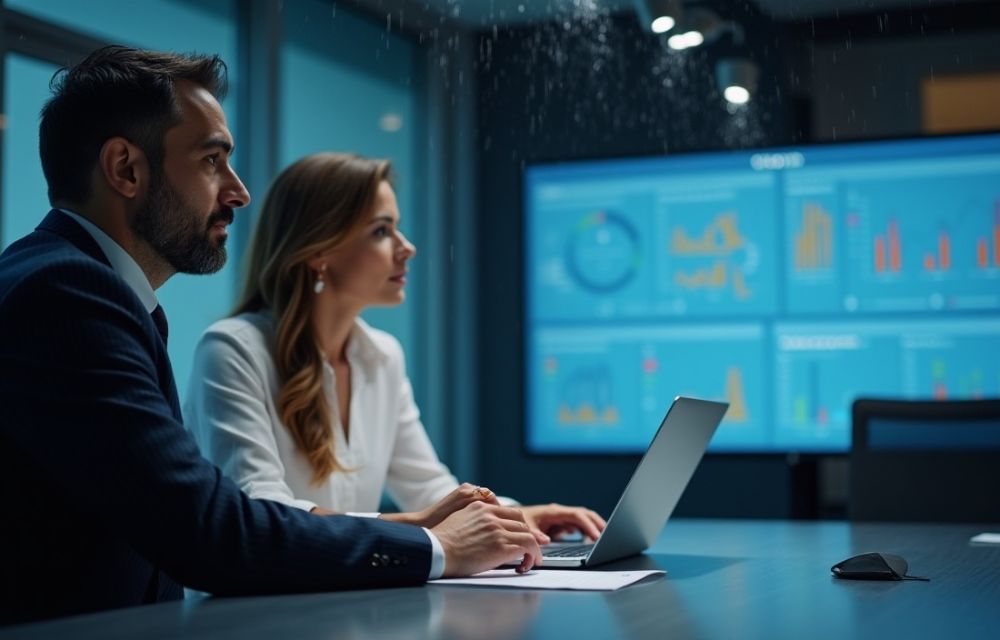 os gerentes revisando dashboard ERP con alertas en gran pantalla.