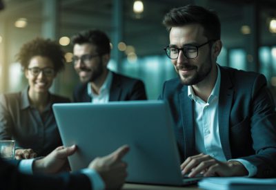 Gerente de pyme recibiendo alerta ERP en laptop con dashboard en pantalla, previniendo problemas financieros y de inventario en tiempo real