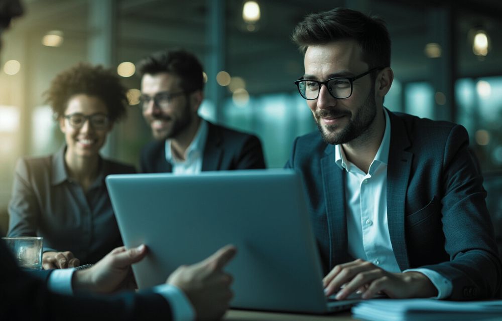 Gerente de pyme recibiendo alerta ERP en laptop con dashboard en pantalla, previniendo problemas financieros y de inventario en tiempo real
