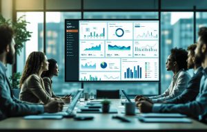 Equipo directivo observando dashboards ERP en pantalla grande durante una reunión de trabajo, analizando datos en tiempo real.