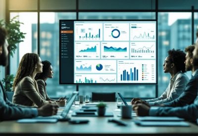Equipo directivo observando dashboards ERP en pantalla grande durante una reunión de trabajo, analizando datos en tiempo real.