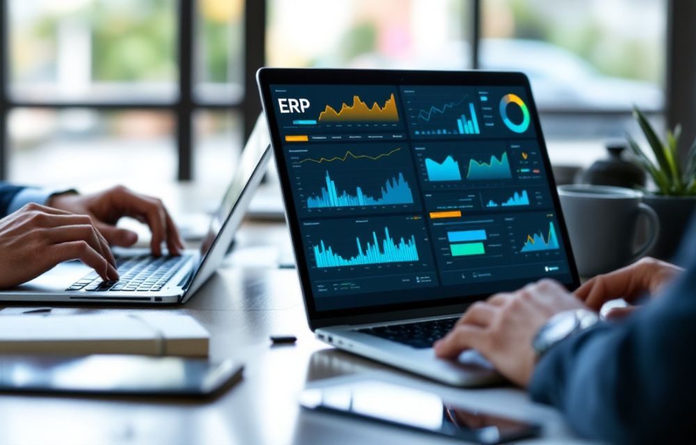 Ejecutivos analizando reportes actualizados en laptops con dashboards ERP que muestran datos de ventas e inventario.