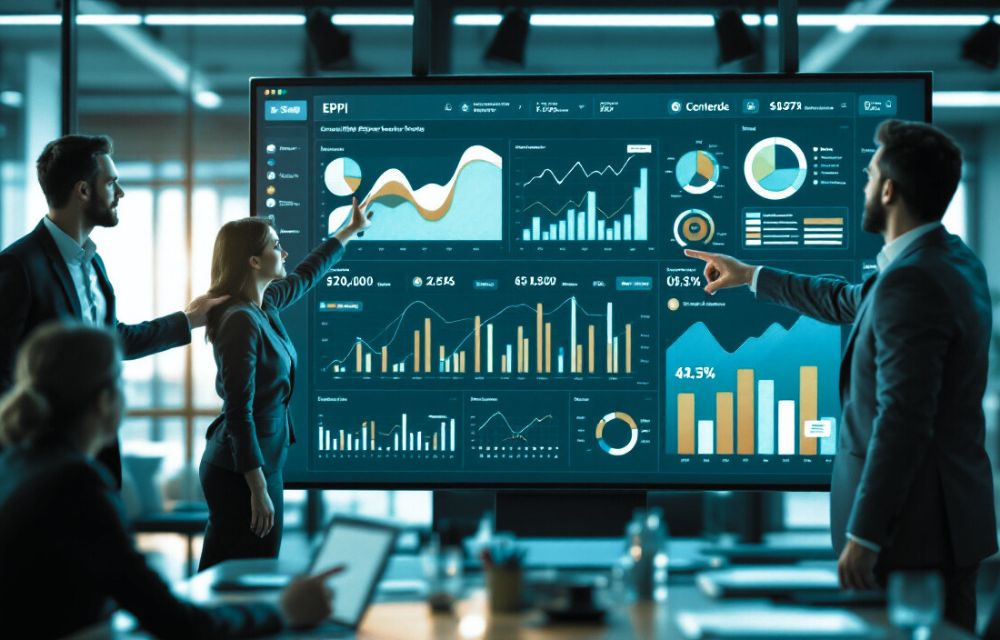 Pantalla con dashboard ERP mostrando KPIs clave durante una junta empresarial.